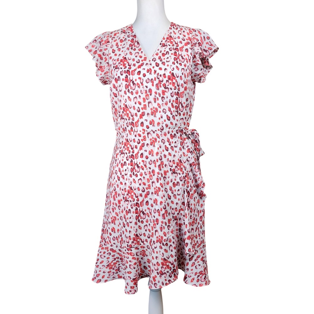 Banana Republic Wrap Dress Womens 4 Pink White Leopard Ruffle Hem Casual Office
